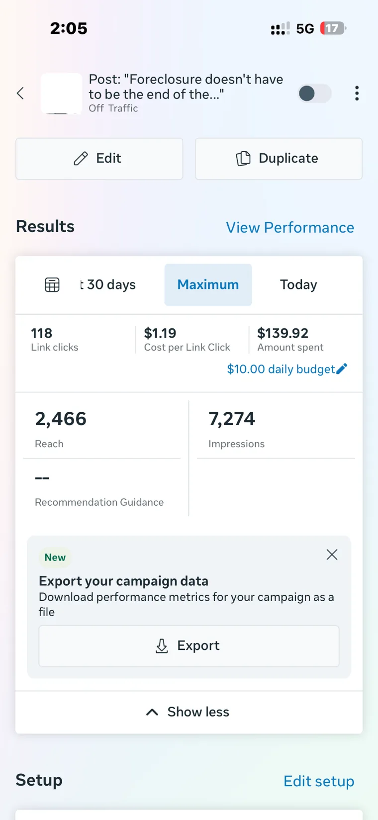 Meta foreclosure campaign showing 118 link clicks at 1 dollar and 19 cents each