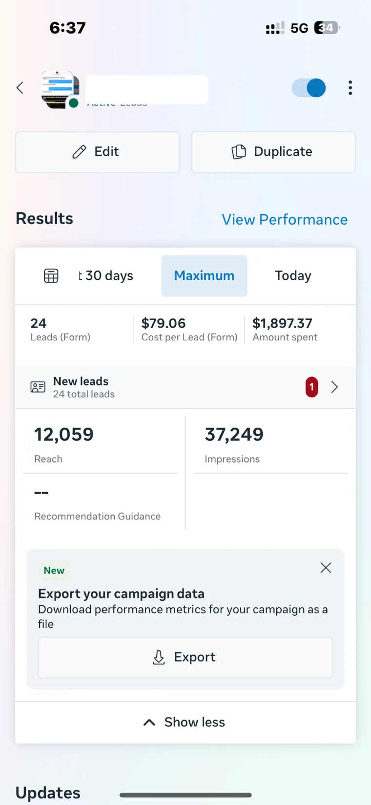 Meta campaign results showing 24 seller form leads and 12,059 people reached