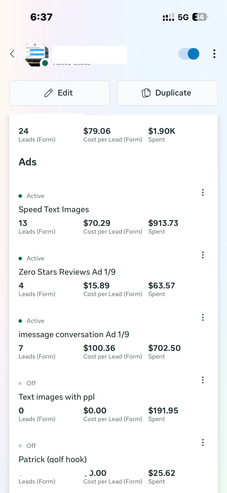 Meta campaign ad set showing active creative tests and lead costs