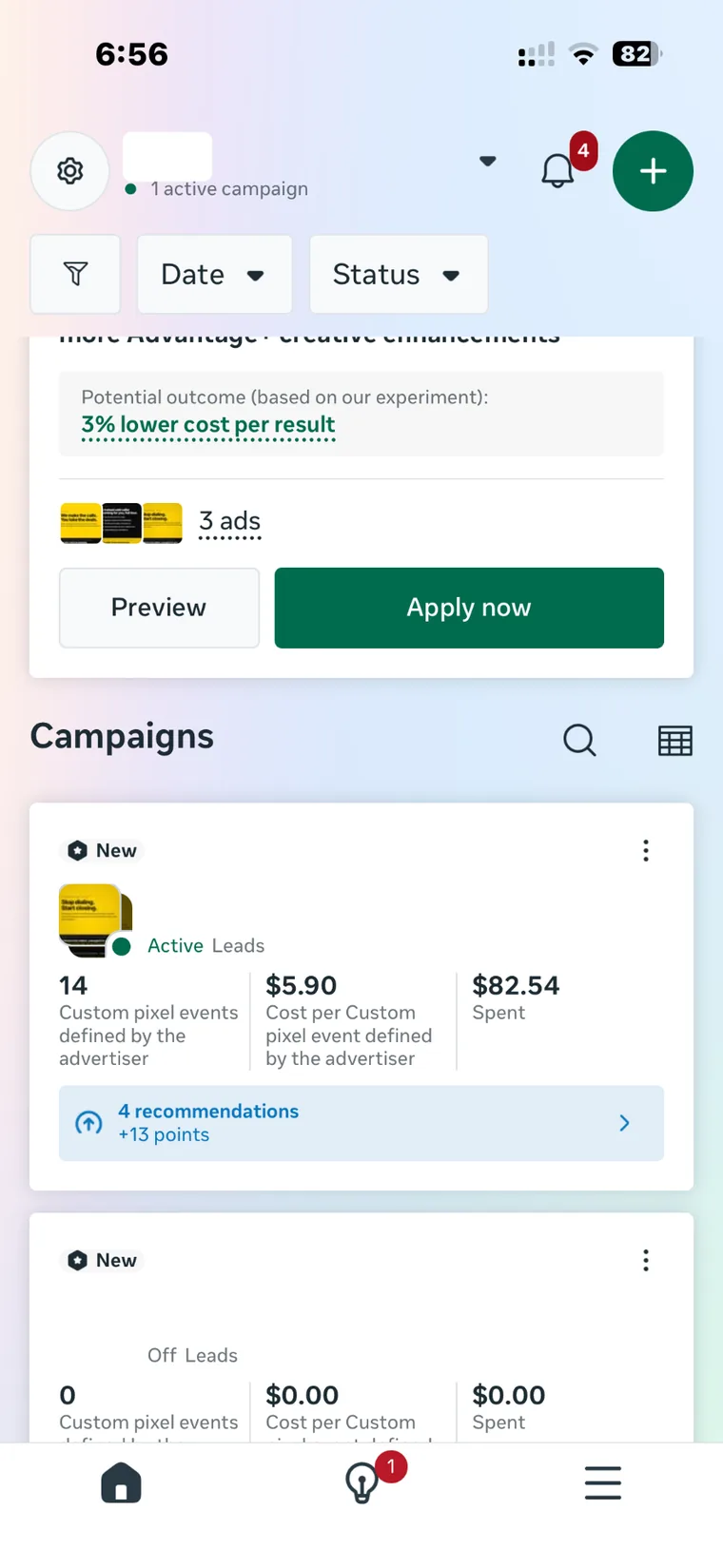 Meta ad account showing tracked custom pixel events at a 5 dollar and 90 cent cost