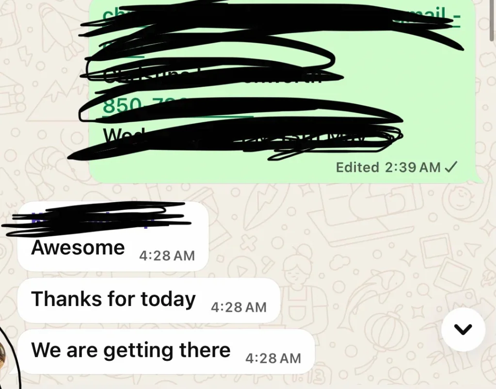 Client message: awesome, thanks for today, we are getting there
